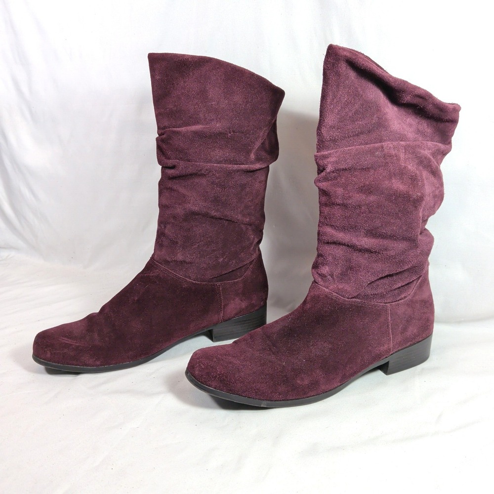 Liz & Co Burgundy Suede Slouch Boots; Round Toe Low Heel Size 7.5